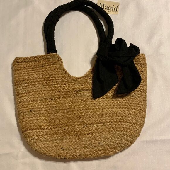 Magic 100% Jute handbag with black cloth wrapped handles & removable bow - Picture 1 of 10